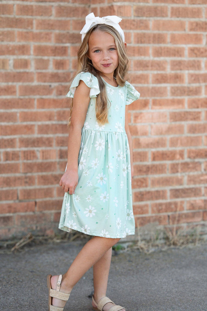 Girls Claire Sage Daisy Flutter Sleeve Dress