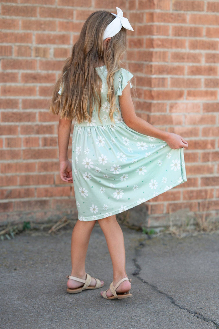 Girls Claire Sage Daisy Flutter Sleeve Dress