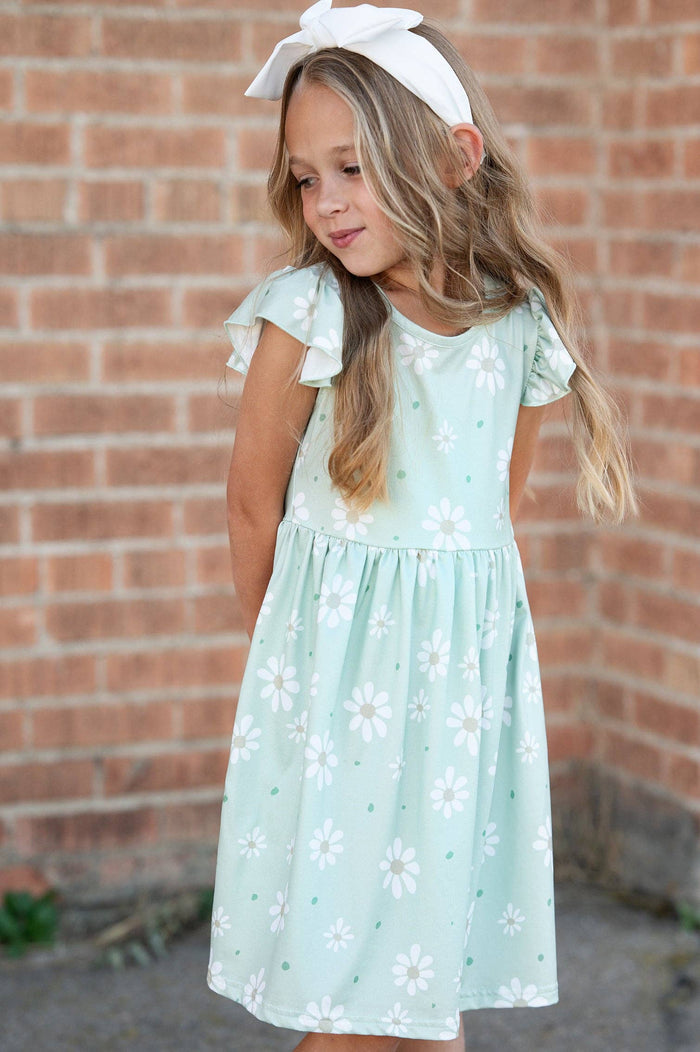 Girls Claire Sage Daisy Flutter Sleeve Dress