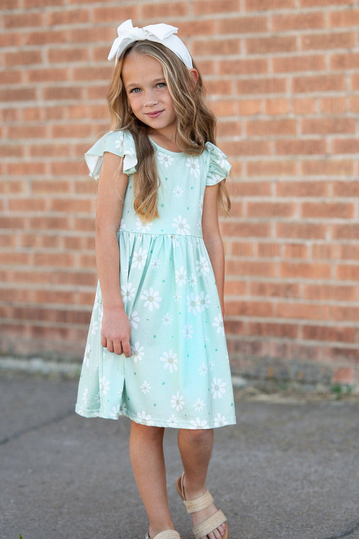 Girls Claire Sage Daisy Flutter Sleeve Dress