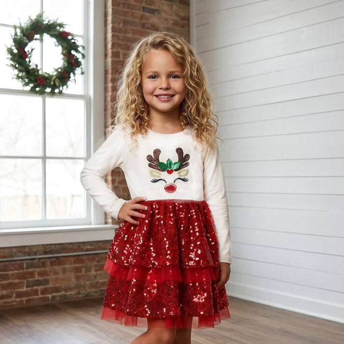 Girls Reindeer Prancer Red Holiday Christmas Tiered Dress