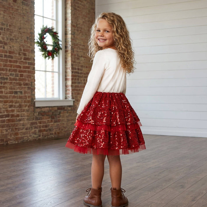 Girls Reindeer Prancer Red Holiday Christmas Tiered Dress