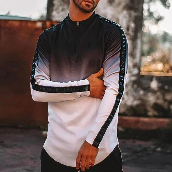 Gradient Side Seam Zipper Neck Long Sleeve T-Shirt