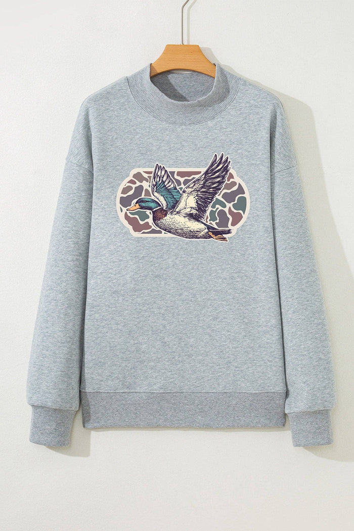 Gray Mallard Duck Camouflage Print Mock Neck Sweatshirt