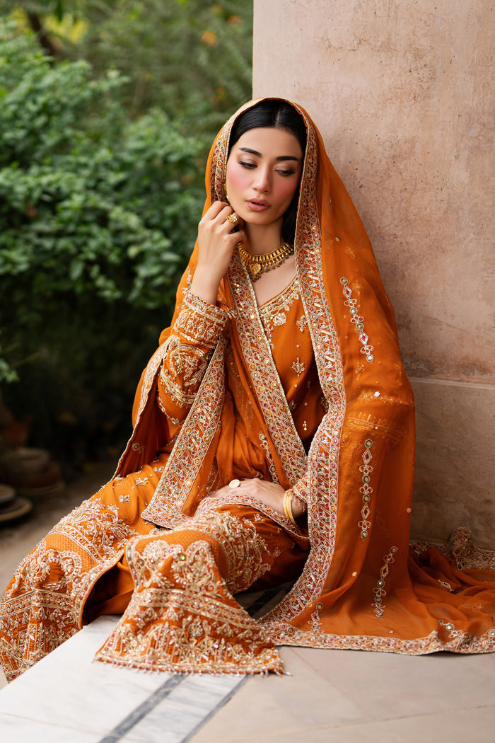 NAQSHI rust formal gown styled in seated pose, showing detailed hem border, panelled embroidery, full sleeves, and elegant fall of raw silk fabric.