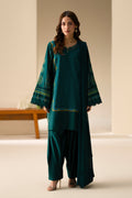 Gunash Emerald Green 3-piece Cotton Sateen casual outfit with embroidered shirt, shalwar and Crinkle dupatta.