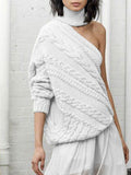 Hemp Pattern High Neck One-shoulder Casual Sweater
