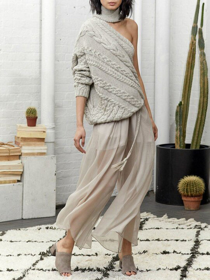 Hemp Pattern High Neck One-shoulder Casual Sweater