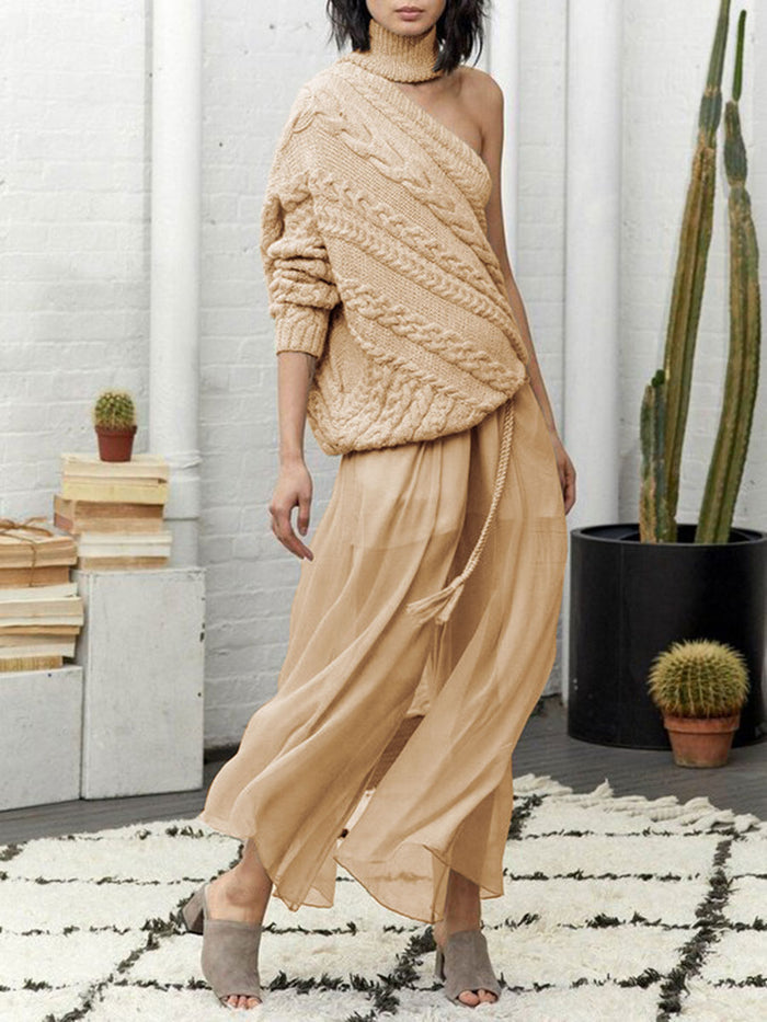 Hemp Pattern High Neck One-shoulder Casual Sweater