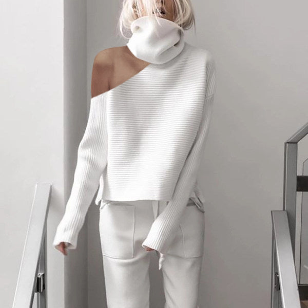High Neck Strapless Slim Tops Trousers Knit Suit