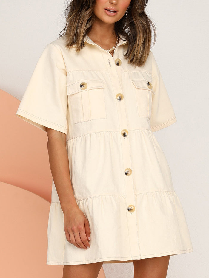 High Waist Button Workwear Casual Dress with Pockets