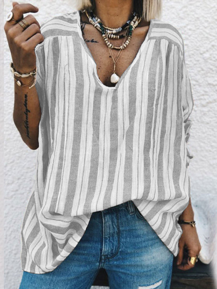 Holiday Casual V-neck Striped T-shirt
