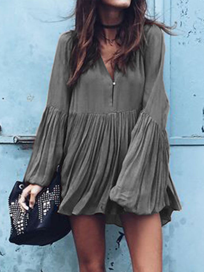 Holiday Fashion Long Sleeve Solid Color Pleated Dress