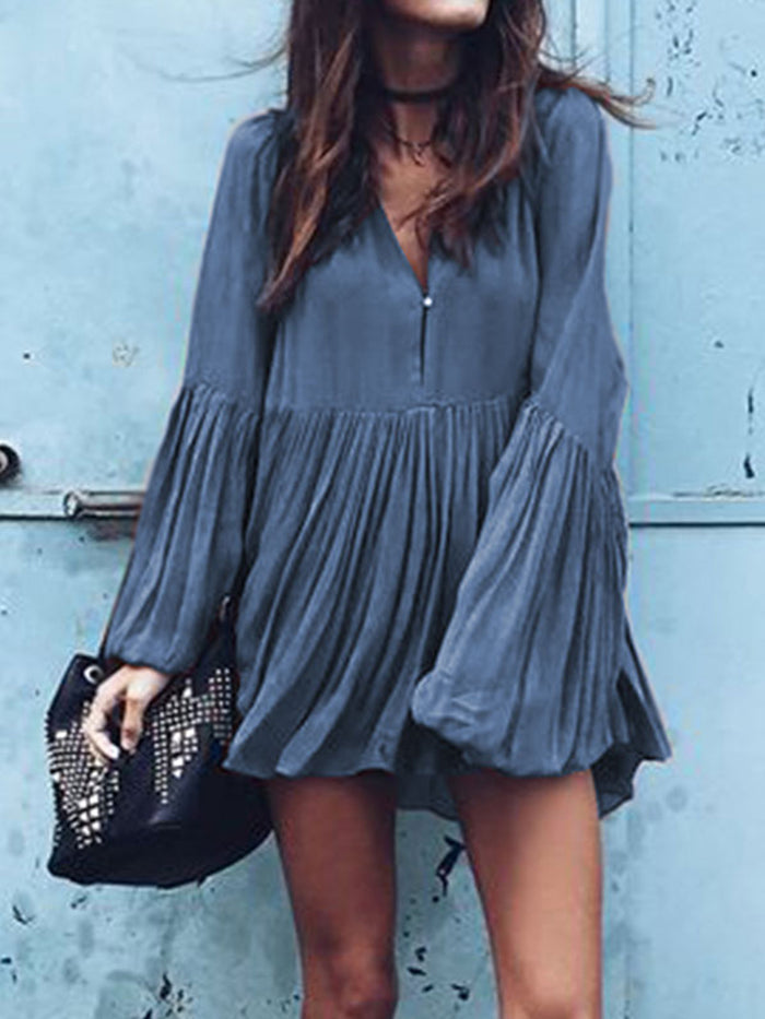 Holiday Fashion Long Sleeve Solid Color Pleated Dress