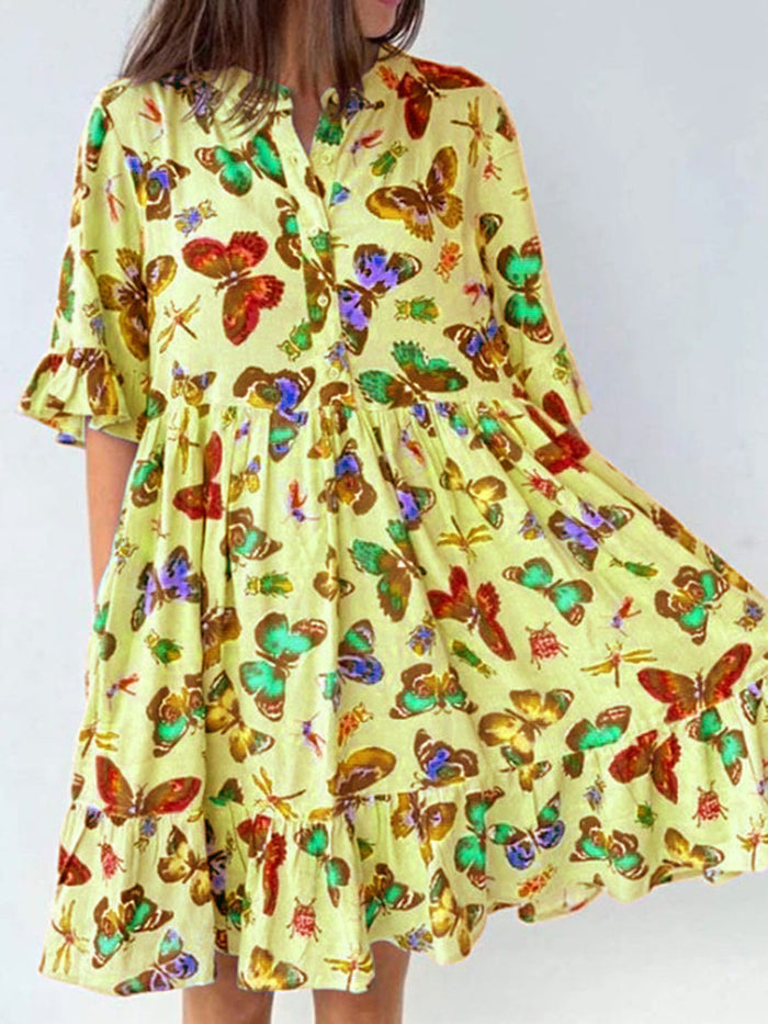 Holiday Round Neck Butterfly Print Dress