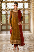 Huzaim brown and red semi formal dress in crinkle fabric with embellished long shirt, churidar pajama and contrast crinkle dupatta