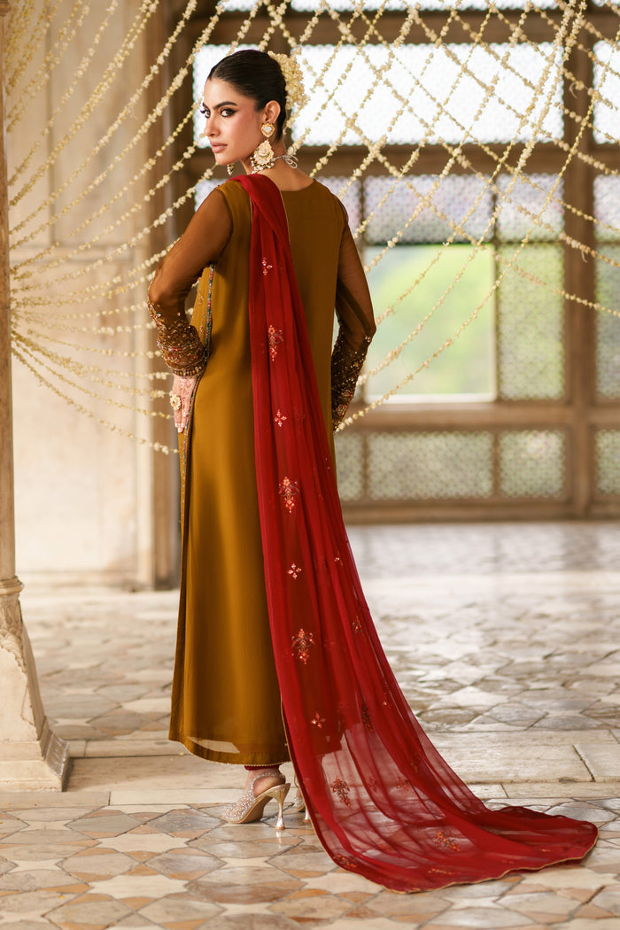 Back view of Huzaim brown and red semi formal suit with flowing crinkle dupatta, long shirt silhouette and Eastern wear design