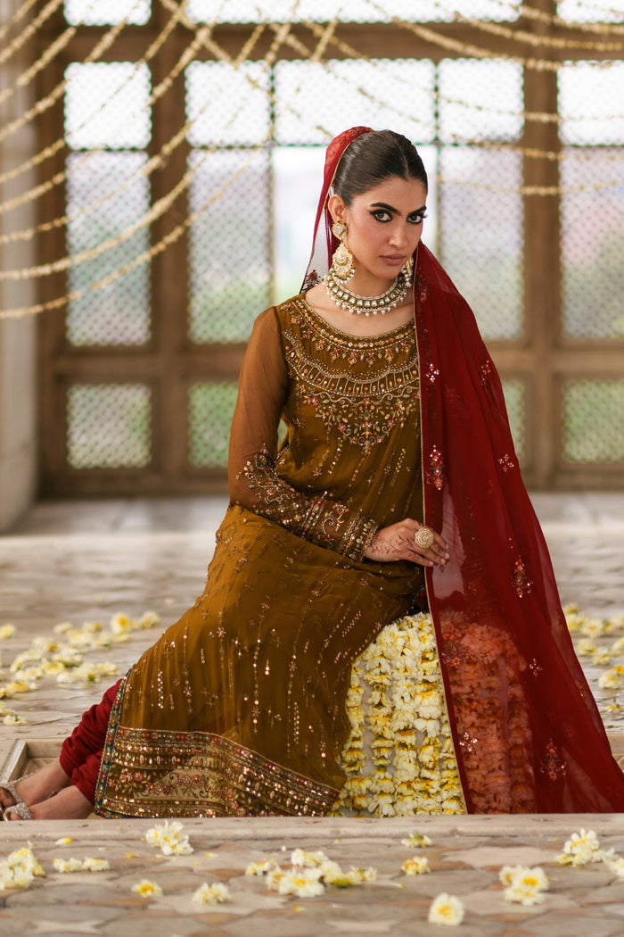 Huzaim ready to wear brown semi formal outfit with contrast red dupatta, embellished shirt and festive occasion wear styling