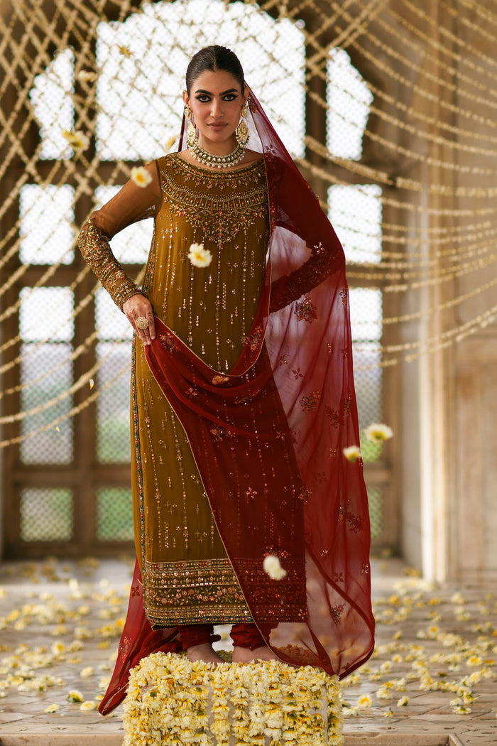 Three piece brown and red crinkle suit with embellished long shirt, PK raw silk churidar pajama and festive dupatta