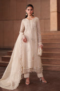 NAQSHI Ingrid off-white embroidered khadi net 3-piece luxury pret outfit with PK raw silk trousers and cotton organza dupatta from Aura collection