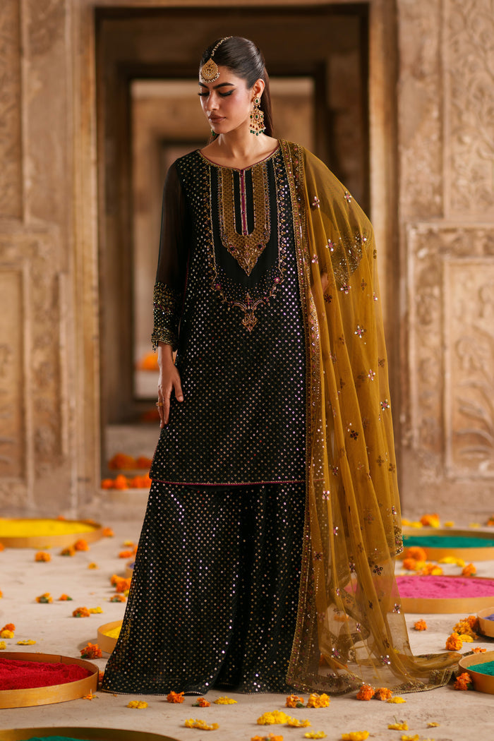 Irra black and brown semi formal dress in crinkle fabric with embellished neckline, flary pants and net dupatta for festive occasions