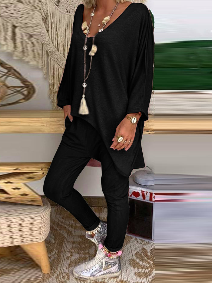 Irregular Loose V-neck Top Slim Trousers Suit