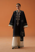 Isla black 3-piece ready-to-wear outfit with embroidered lawn shirt, cambric culotte trousers, and printed crinkle chiffon dupatta.