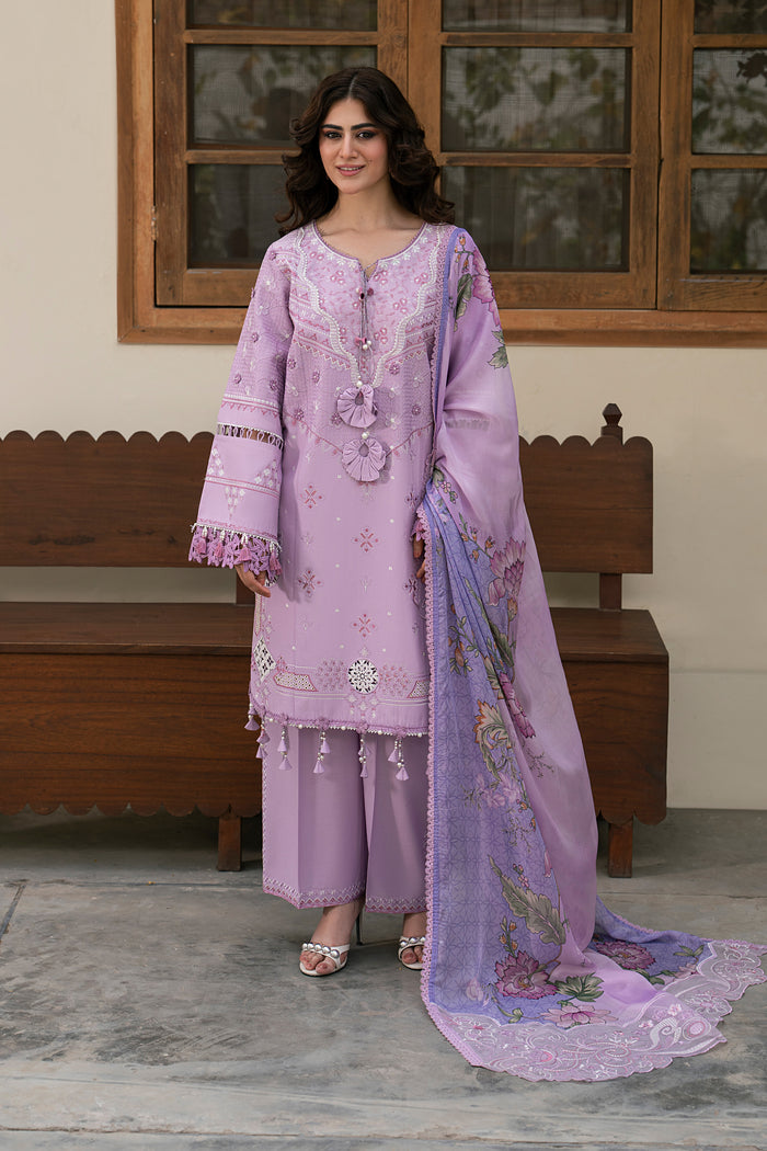 NAQSHI Izna lilac embroidered lawn 3-piece outfit with cambric culottes and tissue silk digital printed dupatta from Seran Summer Capsule Collection