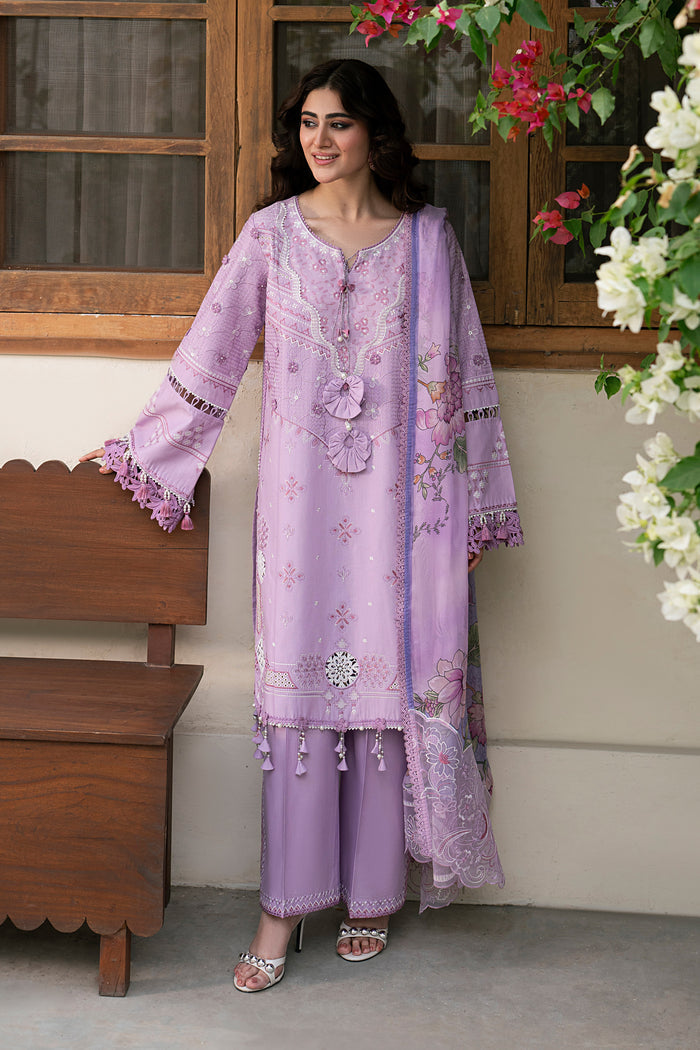 Full-length front view of NAQSHI Izna lilac casual pret outfit with embroidered lawn shirt, culotte trousers and floral digital printed dupatta