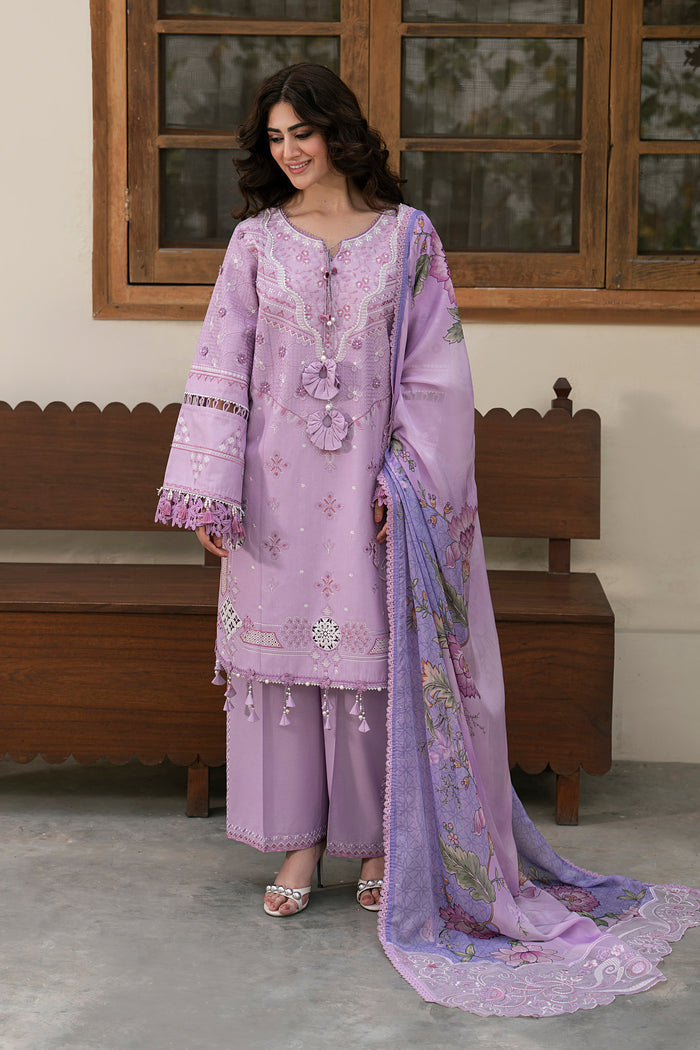 Izna lilac 3-piece embroidered lawn dress showcasing detailed sleeve embroidery, decorative borders and flowing tissue silk dupatta