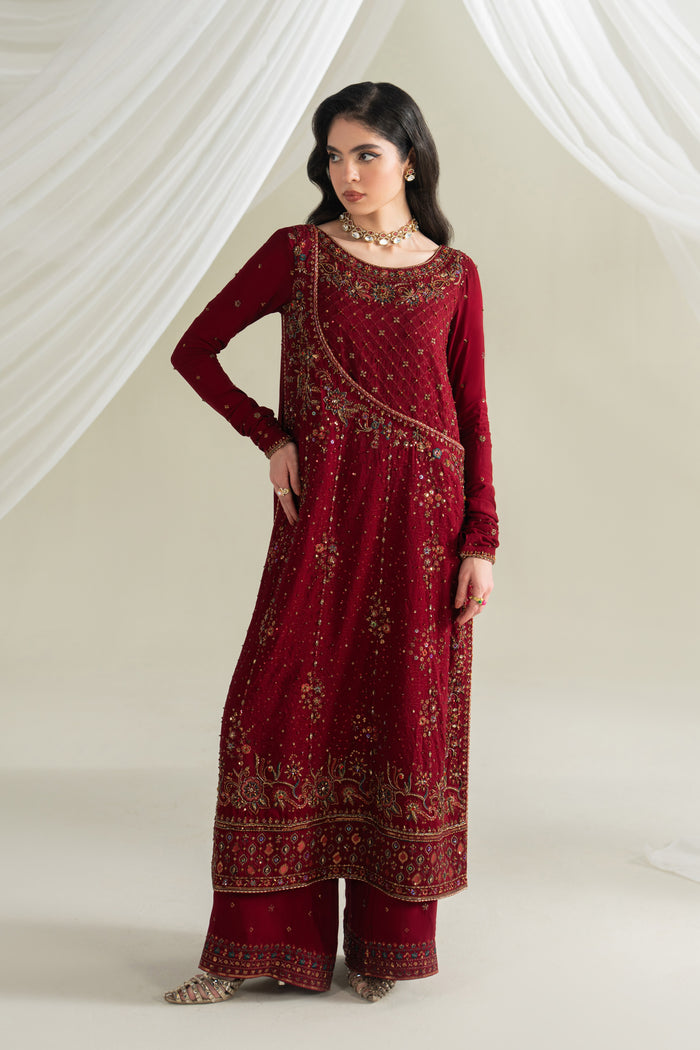 Deep red formal 3 piece outfit with embroidered long shirt, PK raw silk culotte, and bordered dupatta, complete event wear look