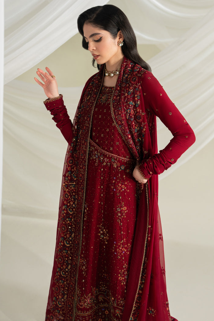 Deep red formal long shirt outfit with culotte and dupatta, side view showing full embroidery and elegant event look