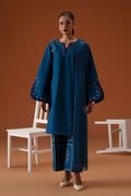 Juni teal 3-piece ready-to-wear outfit with embroidered lawn shirt, cambric culotte trouser, and printed crinkle chiffon dupatta.