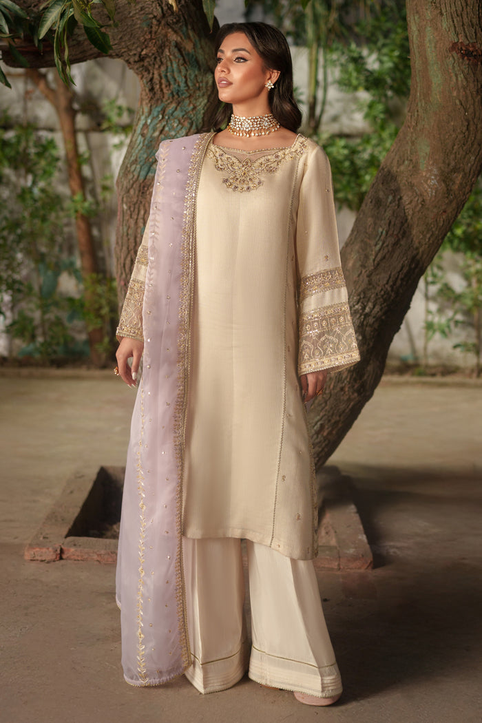 NAQSHI Kai front view: off‑white viscose Masoori shirt with adda embroidery at neckline & sleeves