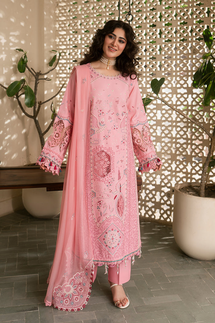 NAQSHI Kashmeera pink embroidered lawn 3-piece casual outfit with long shirt, cambric culotte trousers and crinkle dupatta from Seran Summer Cambric collection
