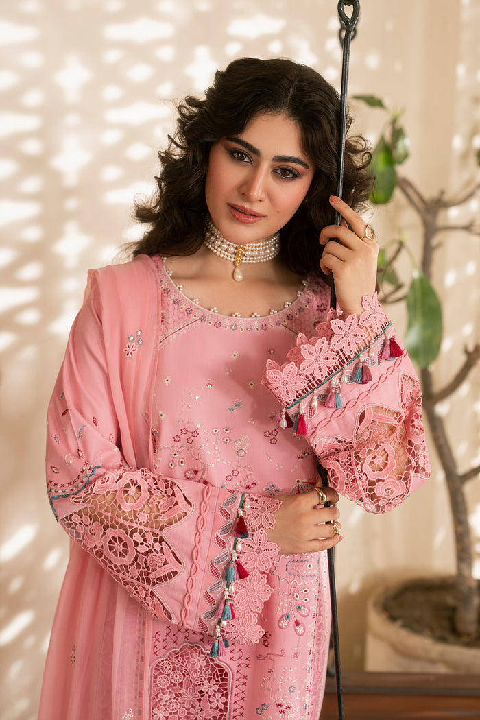 Front close-up of Kashmeera pink lawn shirt featuring delicate embroidery, embroidered neckline and detailed sleeve design in ready-to-wear summer outfit
