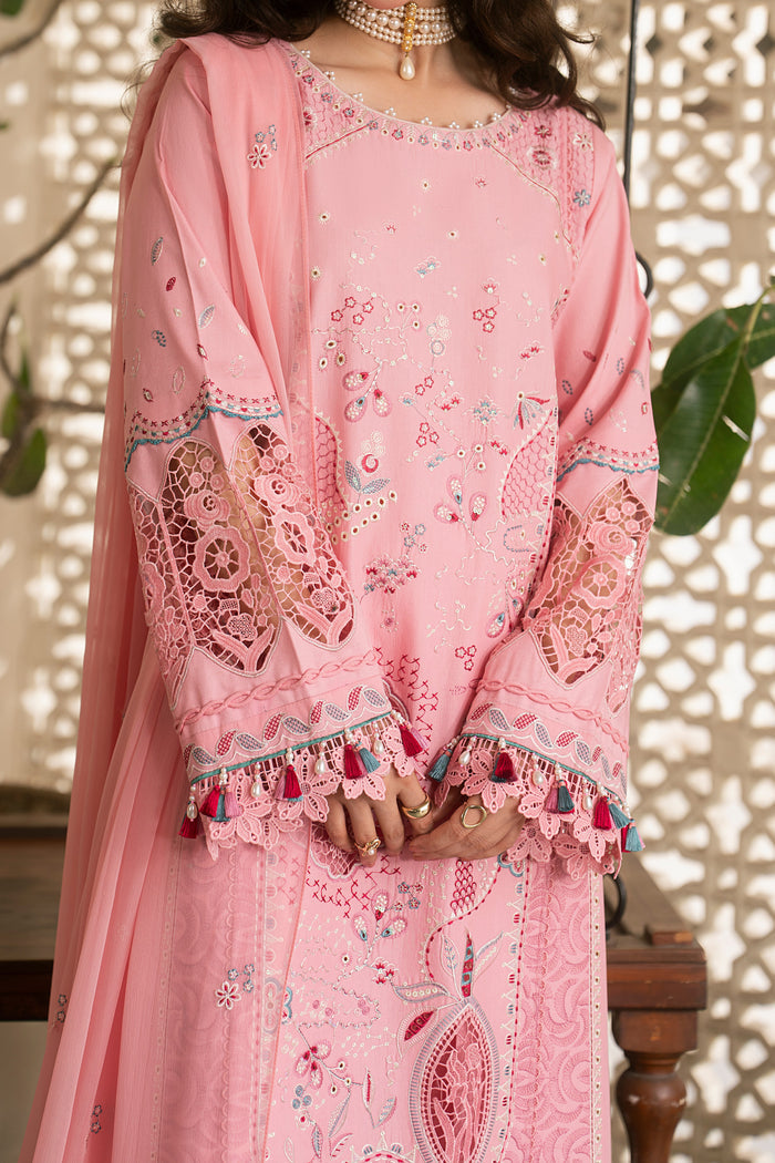Detailed view of Kashmeera embroidered sleeves with cutwork-inspired borders and floral embroidery on pink lawn shirt