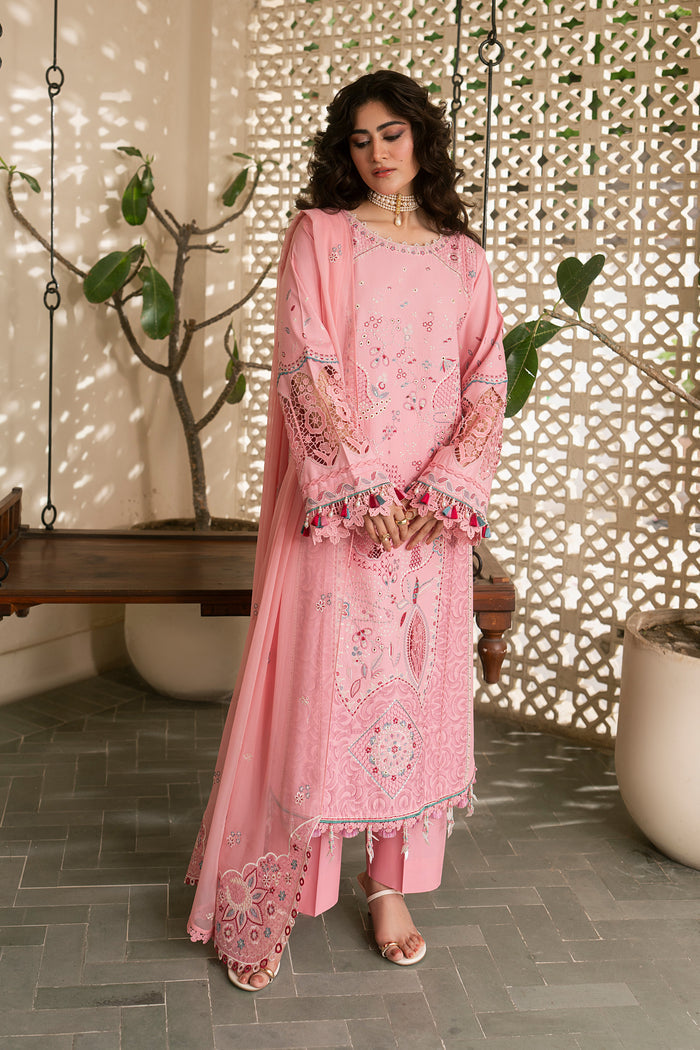 Full-length view of Kashmeera pink 3-piece embroidered lawn suit with culotte trousers and matching crinkle dupatta for casual festive occasions