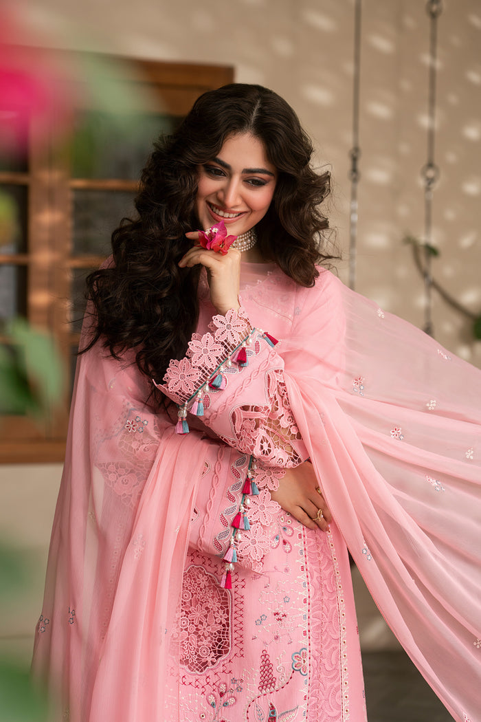 Close-up portrait of Kashmeera pink embroidered lawn dress featuring embroidered front motifs and coordinated crinkle dupatta styling