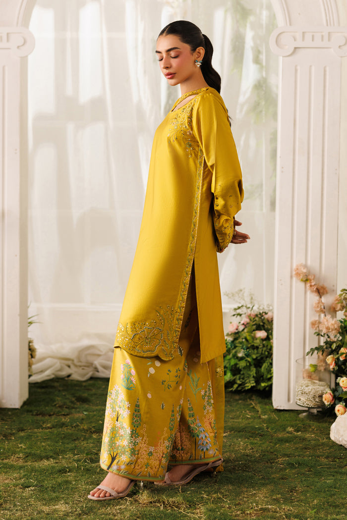 Side angle view of NAQSHI Kate outfit highlighting clean straight cut shirt and soft cotton satin fabric