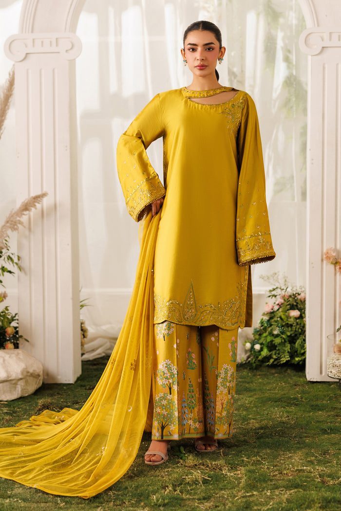 Front standing view of NAQSHI Kate outfit showing mustard shirt with embroidery and flowing net dupatta