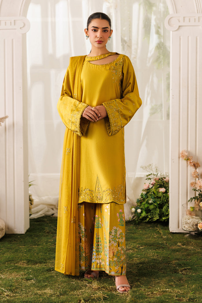 Full front pose of NAQSHI Kate outfit highlighting embroidered neckline, sleeve borders, and balanced casual look