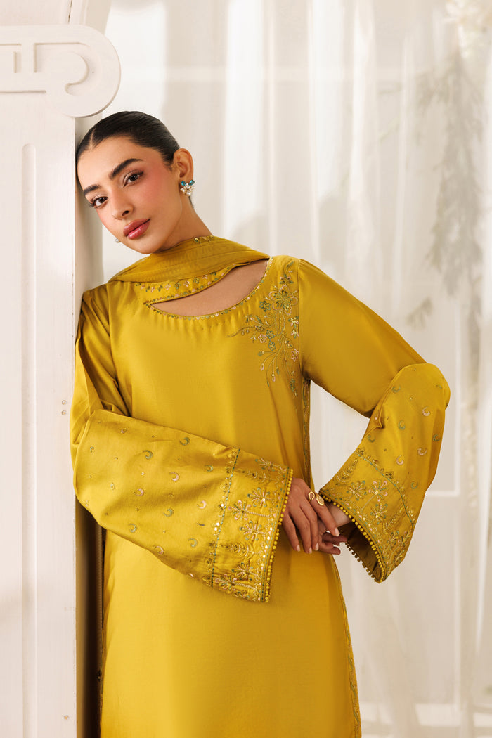 Front close-up view of NAQSHI Kate outfit showing embroidery details on sleeves and smooth cotton satin finish