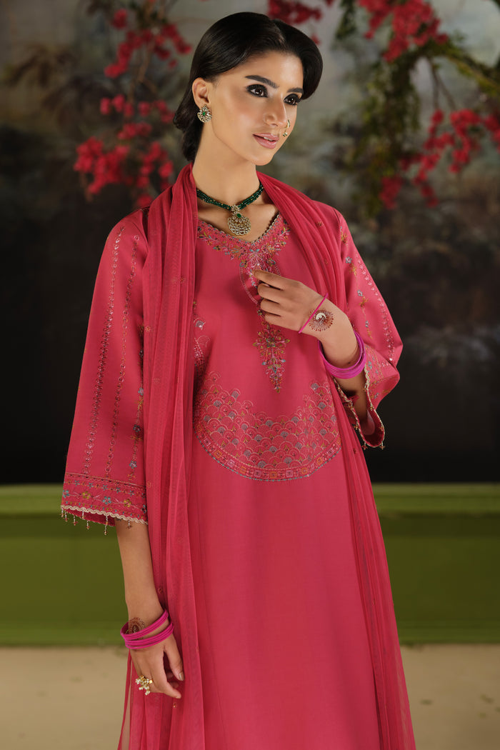 NAQSHI Kinara carrot pink ready to wear festive outfit with embroidered shirt, culotte trousers, and net dupatta