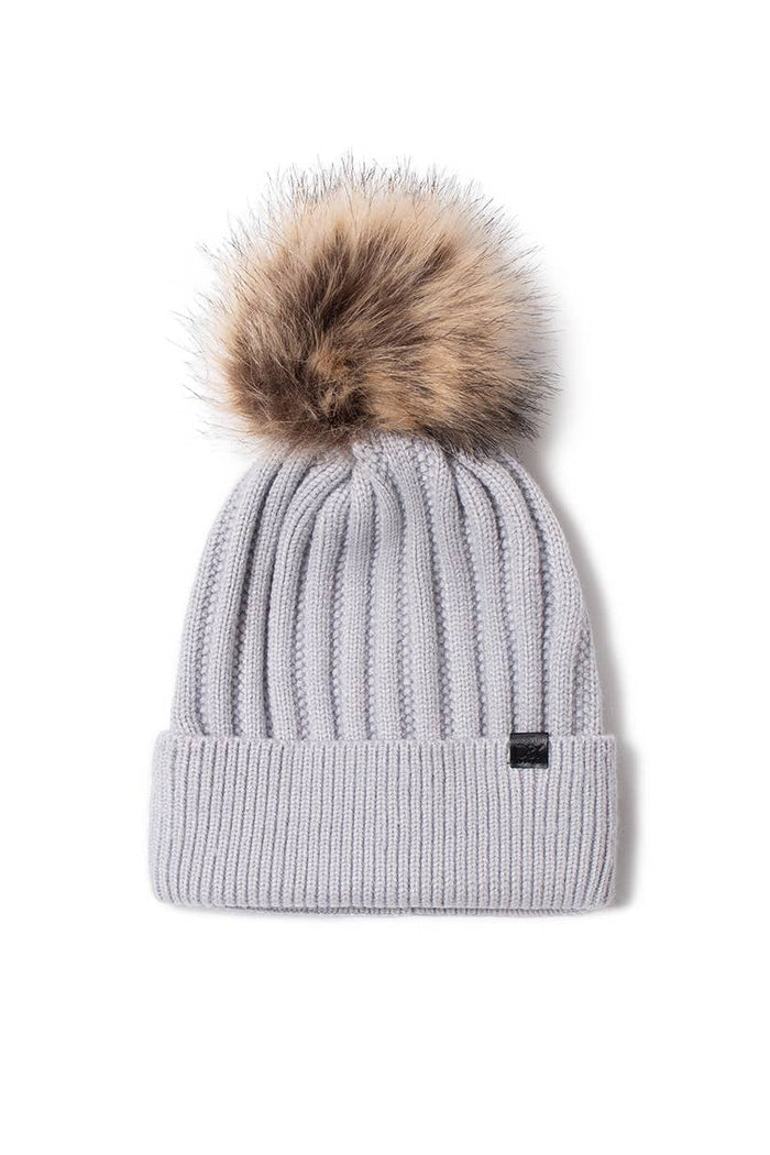 Knit beanie with faux fur pom pom