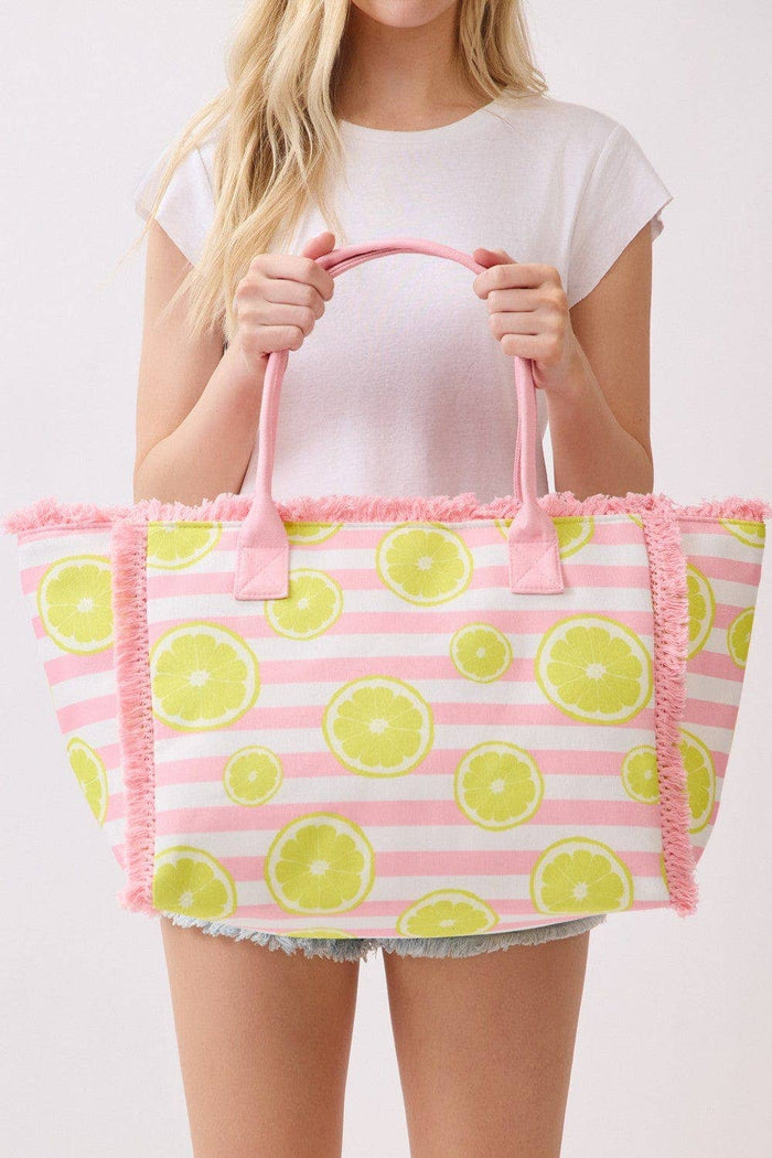 Lemon Stripe Fringe Beach Tote Bag