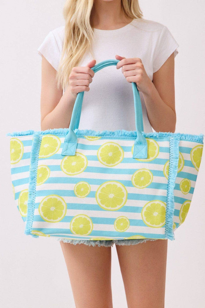 Lemon Stripe Fringe Beach Tote Bag