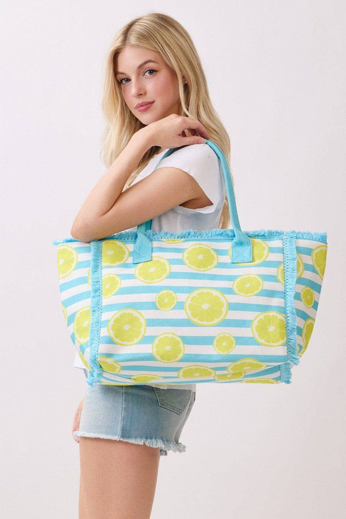 Lemon Stripe Fringe Beach Tote Bag