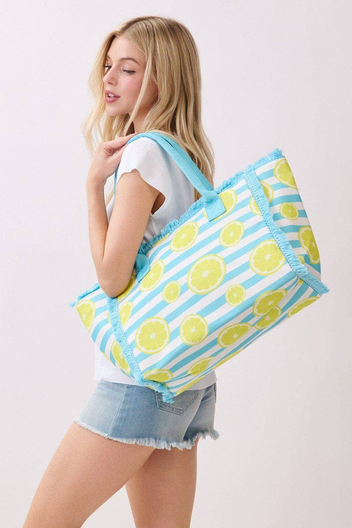 Lemon Stripe Fringe Beach Tote Bag