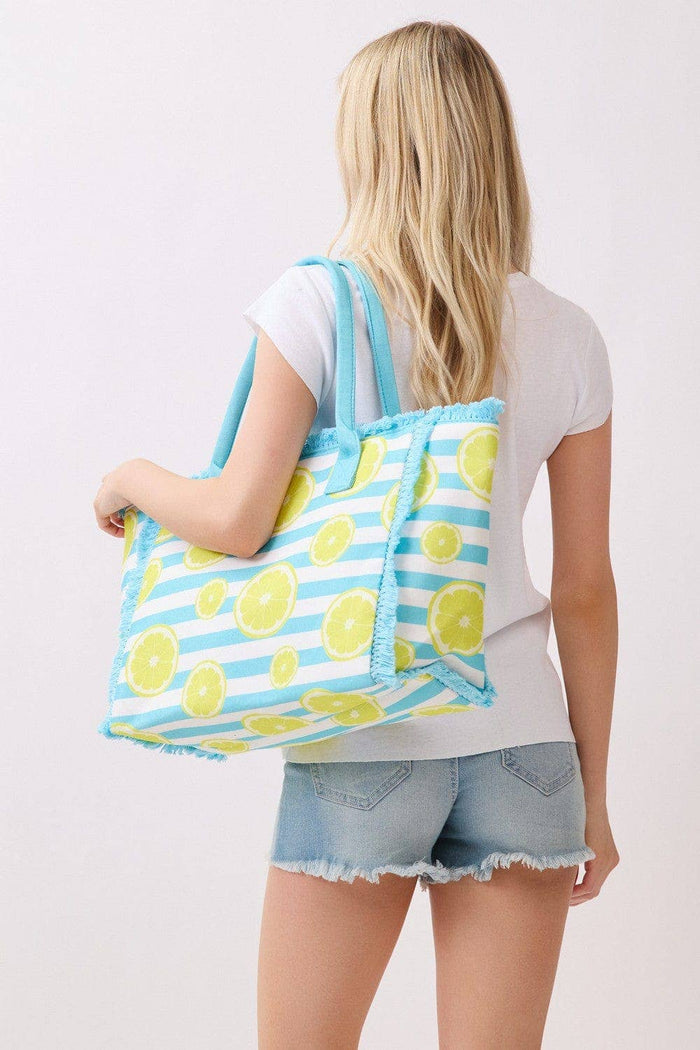 Lemon Stripe Fringe Beach Tote Bag